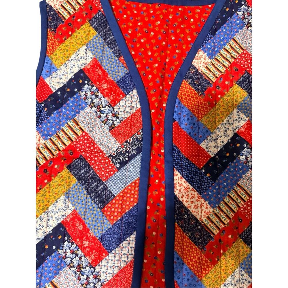 Vintage 1980 Jeanne Marc Red Floral Quilted Vest Patchwork Herringbone Pattern S
